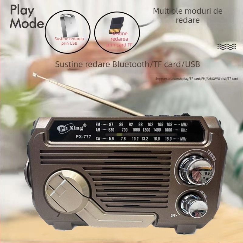 Radio cu manivelă, multiband, Bluetooth 5.0, redare MP3 cu slot pentru card, baterie încorporată