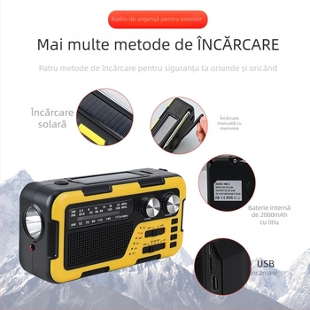 Radio manual pentru exterior, cu SOS, încărcare solară și difuzor Bluetooth; lanternă încorporată, MP3 și USB; baterie de 2000 mAh