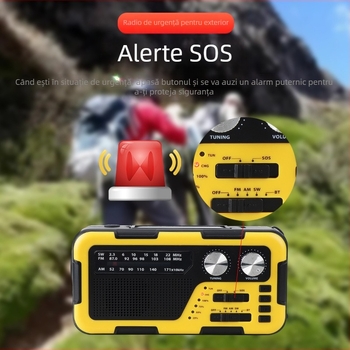 Radio manual pentru exterior, cu SOS, încărcare solară și difuzor Bluetooth; lanternă încorporată, MP3 și USB; baterie de 2000 mAh