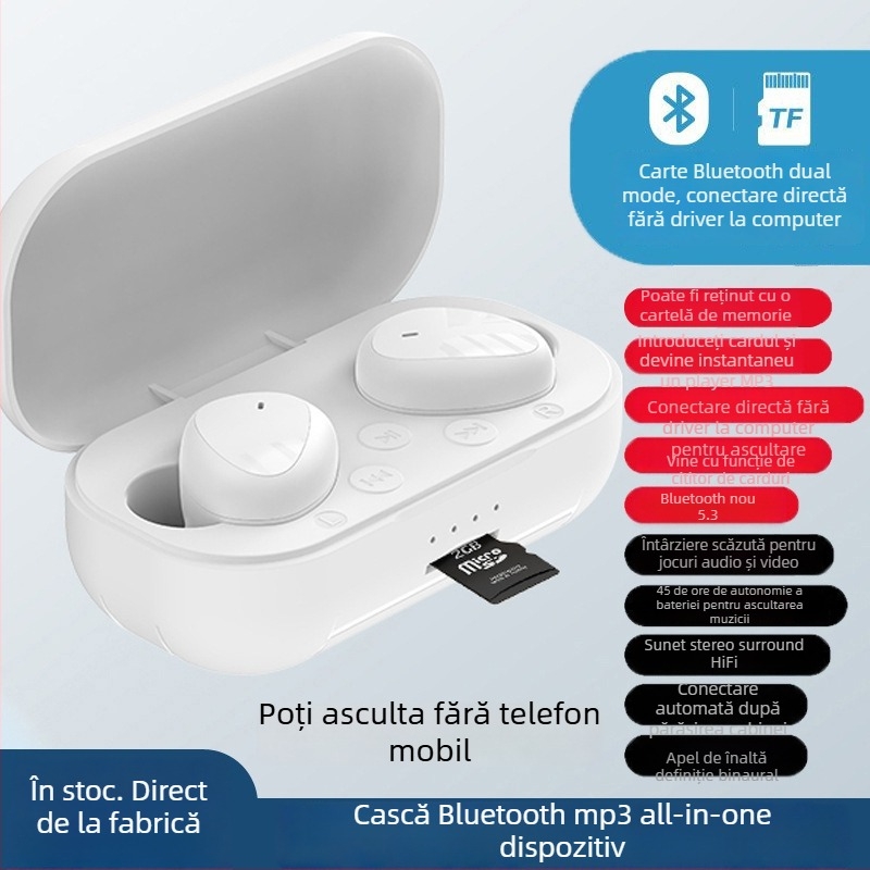Căști Bluetooth in-ear cu MP3 player, model privat, BT 5.0, rază de 10 m, autonomie 4–8 ore