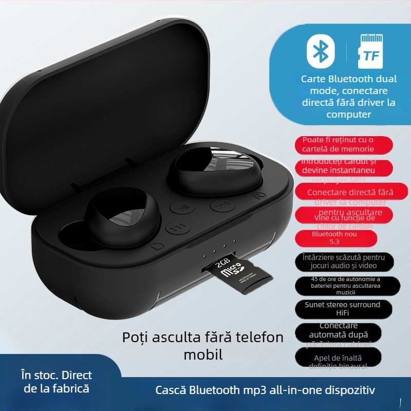 Căști Bluetooth in-ear cu MP3 player, model privat, BT 5.0, rază de 10 m, autonomie 4–8 ore