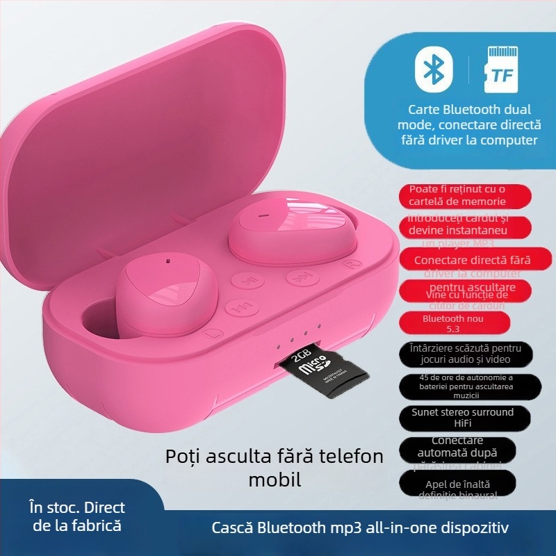Căști Bluetooth in-ear cu MP3 player, model privat, BT 5.0, rază de 10 m, autonomie 4–8 ore