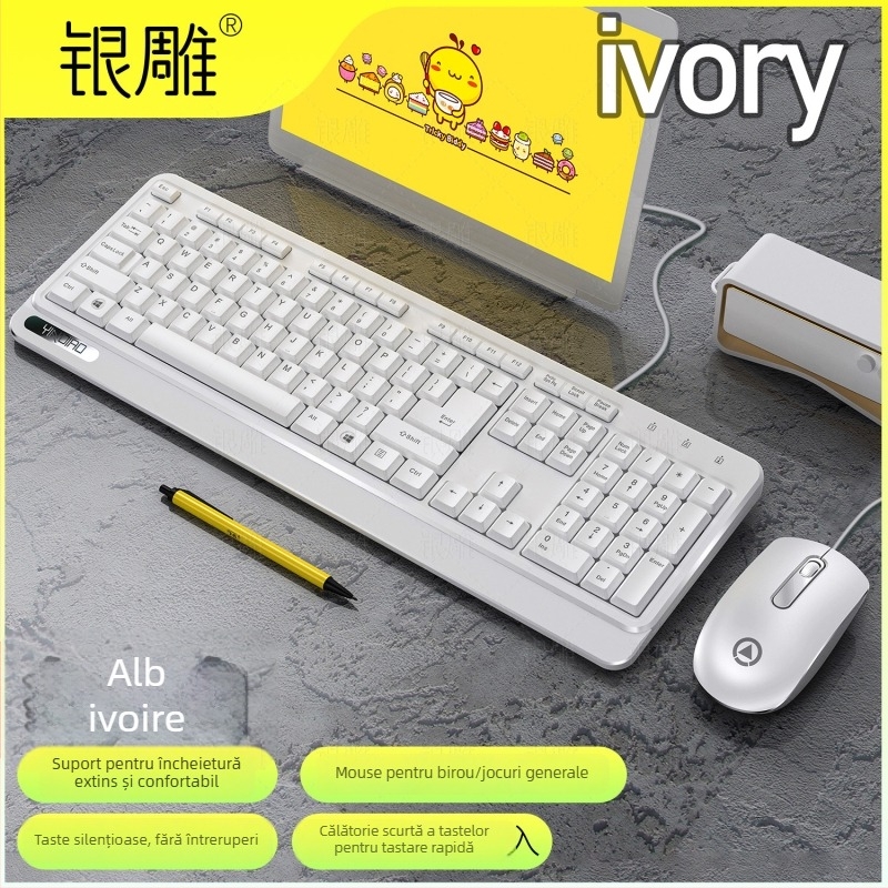 Set tastatură și mouse cablat, 104 taste, cu suport pentru palmă, model V1