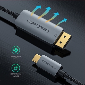 Dock de extensie Type-C la DP 1.4 pentru laptopuri, 8K60Hz • interfață DP • cip PS8468 • nucleu din cupru • carcasă aluminiu/ABS • model CD0736-G