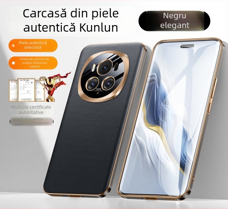 Carcasă pentru Honor Magic6 Pro – piele reală și construcție din metal, protecție pentru obiectiv, acoperire complete, rezistență la căderi.