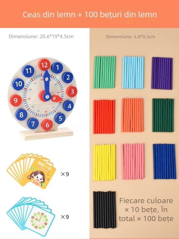 Ceas educativ din lemn pentru copii 4–6 ani, DIY, neelectric, învățare practică a timpului