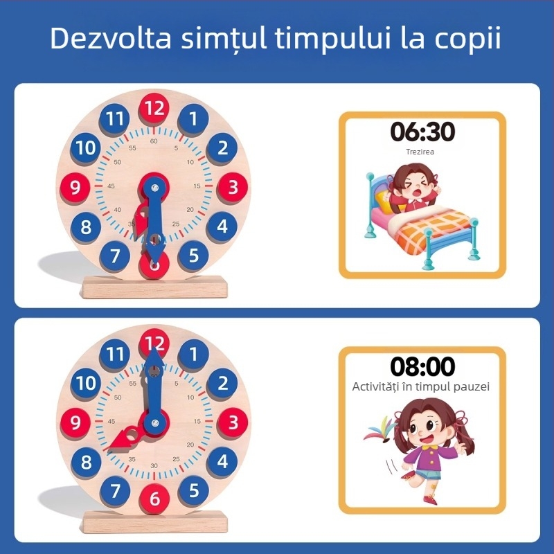 Ceas educativ din lemn pentru copii 4–6 ani, DIY, neelectric, învățare practică a timpului