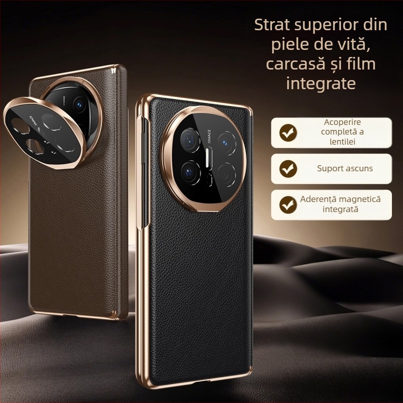 Carcasă Huawei Mate X6 din piele autentică, cu suport magnetic, protecție totală și bază încorporată, finisaj electroplating