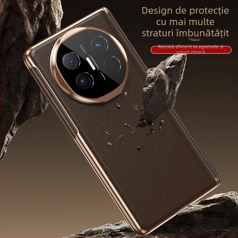 Carcasă Huawei Mate X6 din piele autentică, cu suport magnetic, protecție totală și bază încorporată, finisaj electroplating