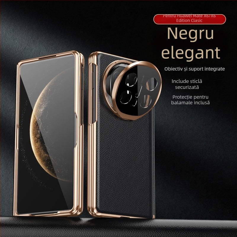 Carcasă Huawei Mate X6 din piele autentică, cu suport magnetic, protecție totală și bază încorporată, finisaj electroplating