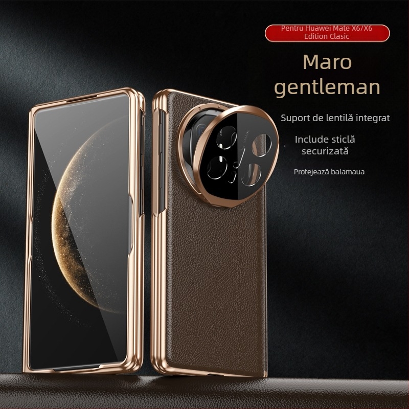 Carcasă Huawei Mate X6 din piele autentică, cu suport magnetic, protecție totală și bază încorporată, finisaj electroplating