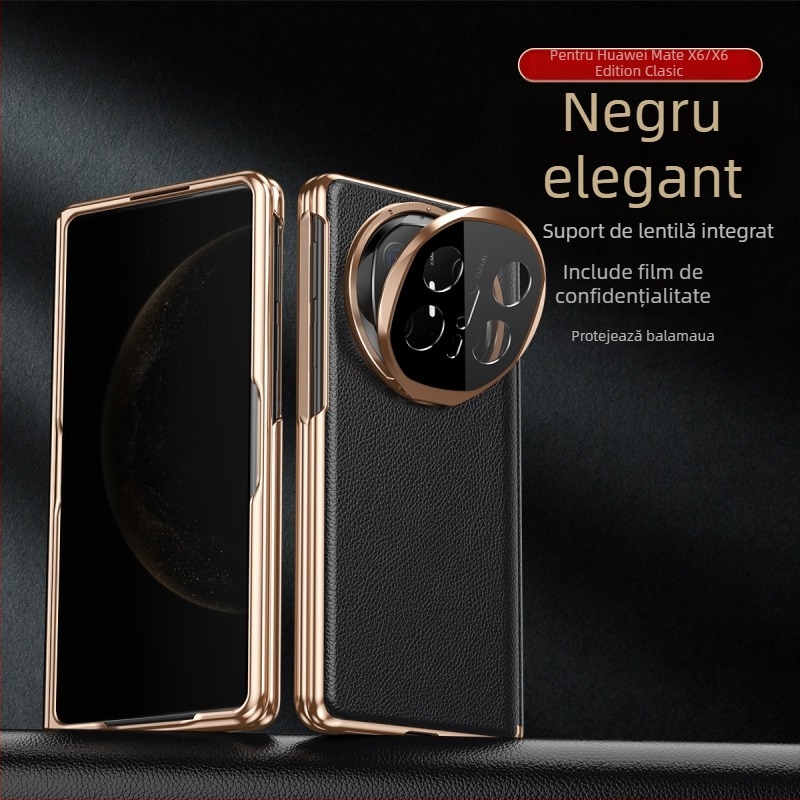 Carcasă Huawei Mate X6 din piele autentică, cu suport magnetic, protecție totală și bază încorporată, finisaj electroplating