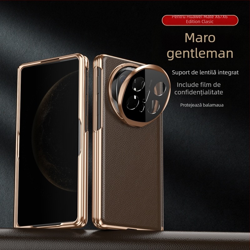 Carcasă Huawei Mate X6 din piele autentică, cu suport magnetic, protecție totală și bază încorporată, finisaj electroplating