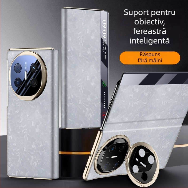 Husă pentru Huawei Mate X6 cu suport electroplatinat pentru obiectiv, fereastră inteligentă cu clapetă, protecție completă, antișoc, din piele sintetică