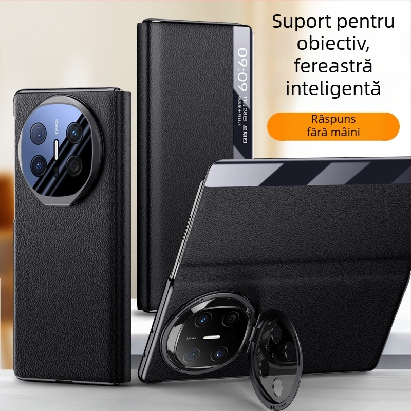 Husă pentru Huawei Mate X6 cu suport electroplatinat pentru obiectiv, fereastră inteligentă cu clapetă, protecție completă, antișoc, din piele sintetică