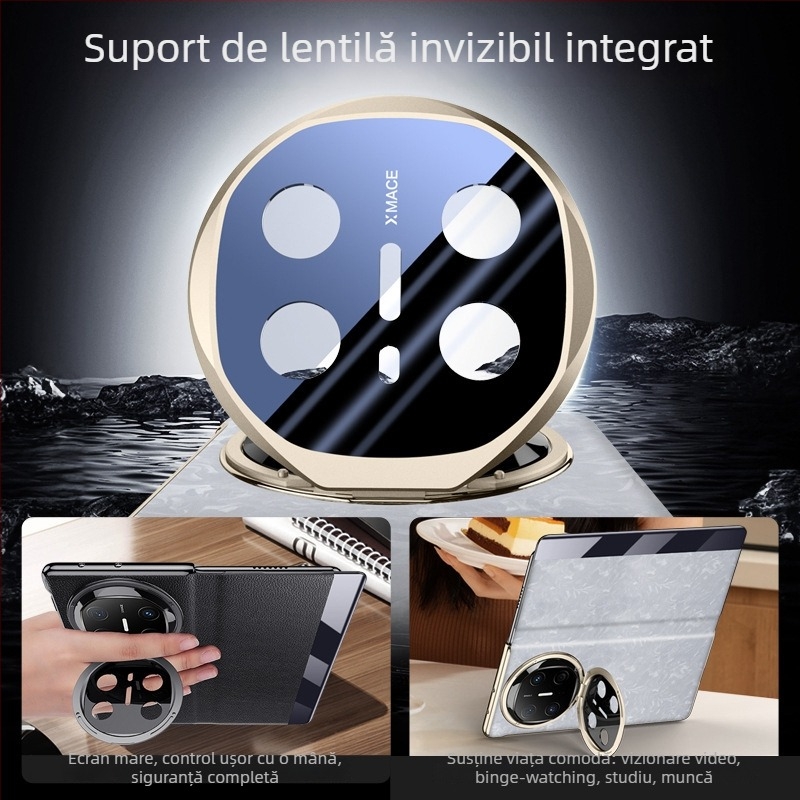 Husă pentru Huawei Mate X6 cu suport electroplatinat pentru obiectiv, fereastră inteligentă cu clapetă, protecție completă, antișoc, din piele sintetică
