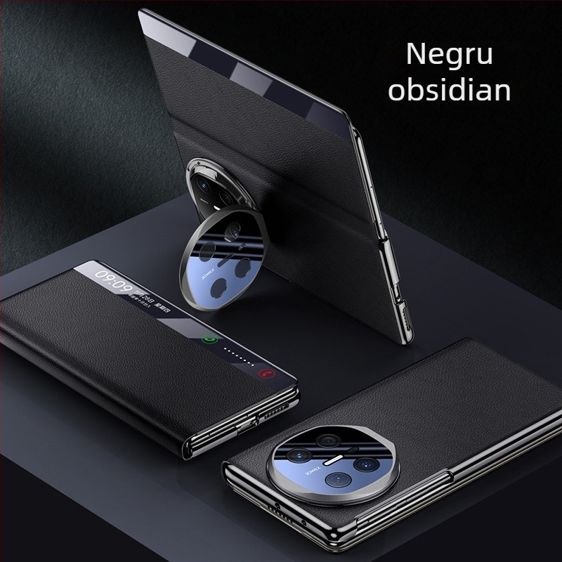Husă pentru Huawei Mate X6 cu suport electroplatinat pentru obiectiv, fereastră inteligentă cu clapetă, protecție completă, antișoc, din piele sintetică