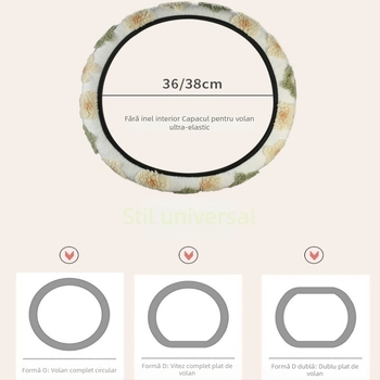 Acoperire pentru volan auto din pluș artificial, model 3D cu flori, formă rotundă în D, potrivire universală, personalizare disponibilă