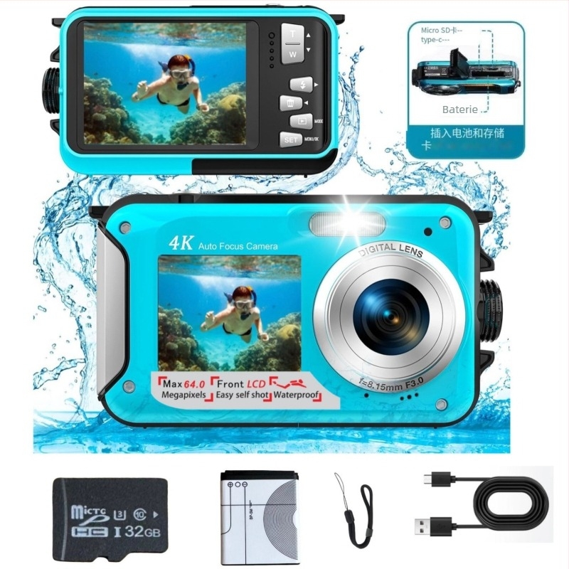 Cameră subacvatică 4K cu autofocus 64MP și ecran dual pentru selfie