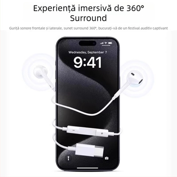 Căști in-ear cu fir, 3,5 mm, pentru Apple iPhone 14, 14 mm driver, cablu de 1,2 m, microfon încorporat, răspuns în frecvențe 20–20000 Hz