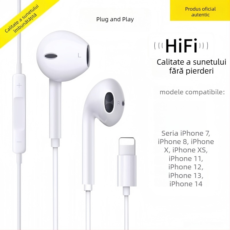 Căști in-ear cu fir, 3,5 mm, pentru Apple iPhone 14, 14 mm driver, cablu de 1,2 m, microfon încorporat, răspuns în frecvențe 20–20000 Hz