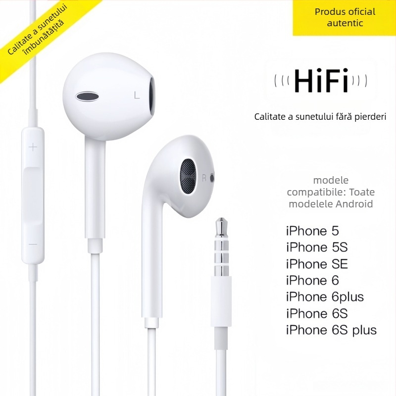 Căști in-ear cu fir, 3,5 mm, pentru Apple iPhone 14, 14 mm driver, cablu de 1,2 m, microfon încorporat, răspuns în frecvențe 20–20000 Hz