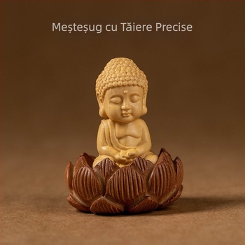 Pandantiv auto din lemn cu Buddha mic, bază de lotus și ciucuri lungi; decor interior modern.