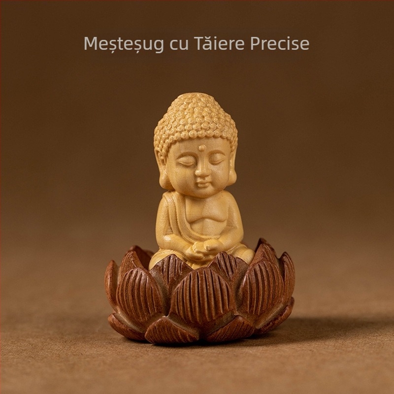 Pandantiv auto din lemn cu Buddha mic, bază de lotus și ciucuri lungi; decor interior modern.