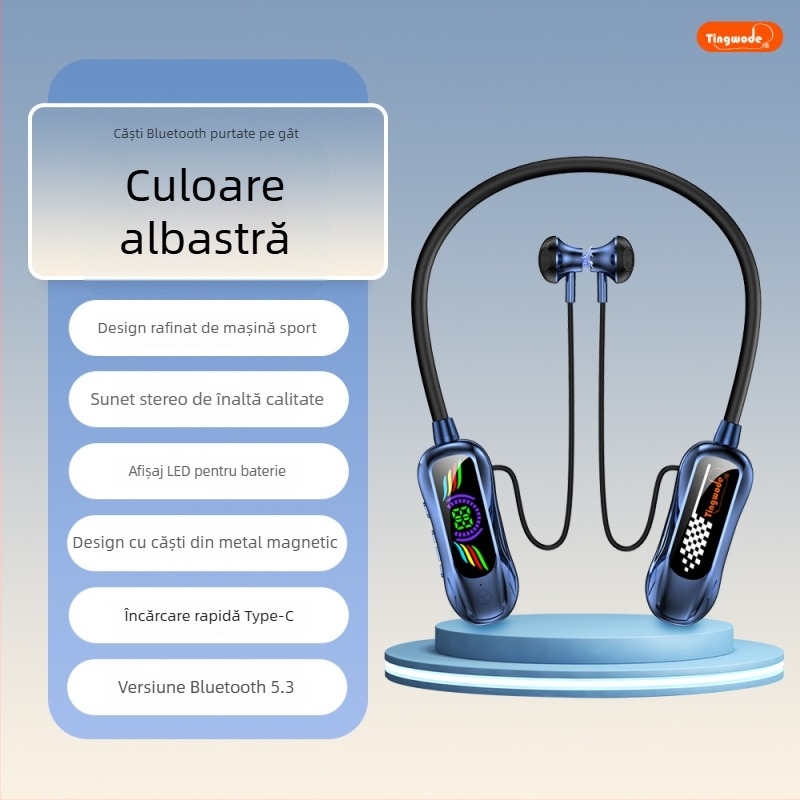 Căști Bluetooth pentru gât cu Bluetooth 5.4, autonomie peste 8 ore, rază de 10 m, slot TF, sunet stereo