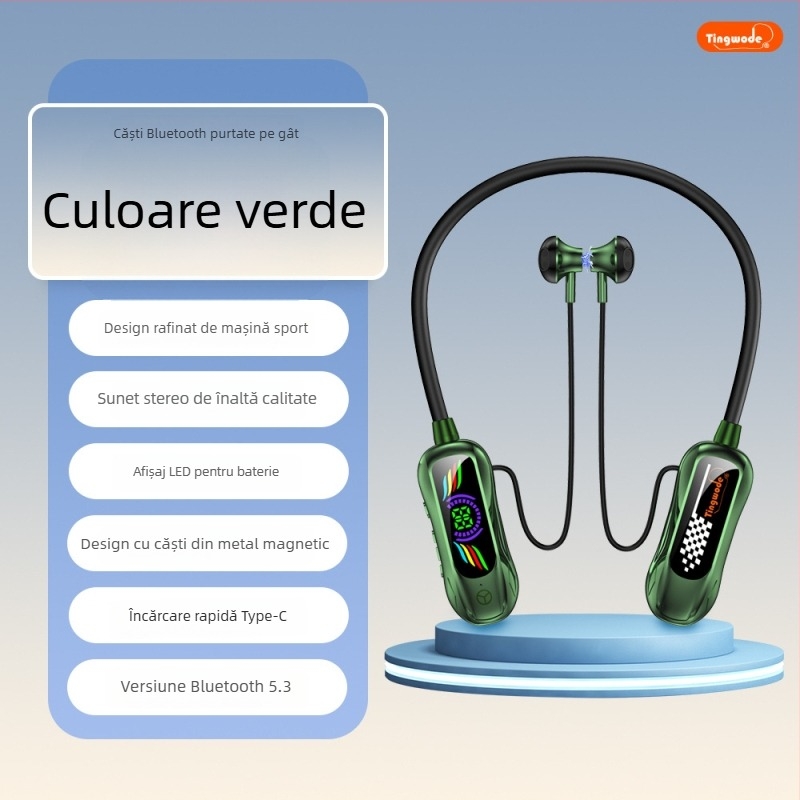 Căști Bluetooth pentru gât cu Bluetooth 5.4, autonomie peste 8 ore, rază de 10 m, slot TF, sunet stereo