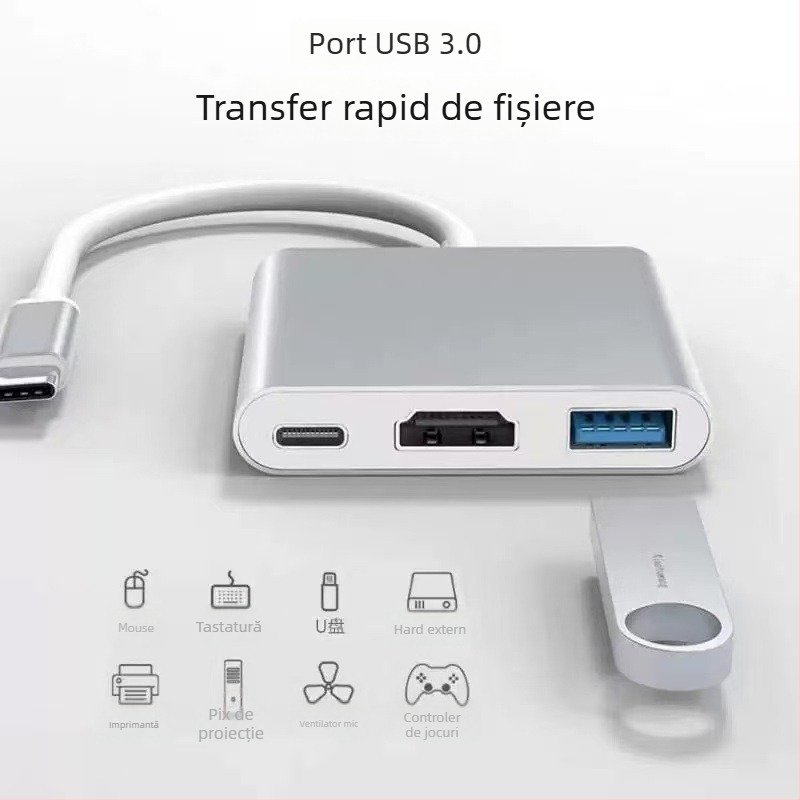 Stație docking Type-C 3 în 1 cu ieșire HDMI și hub USB, alimentare externă, transfer de până la 5 Gbps
