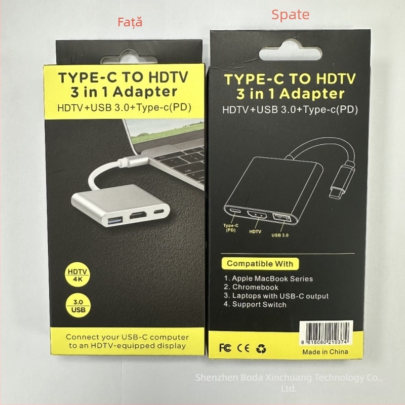 Stație docking Type-C 3 în 1 cu ieșire HDMI și hub USB, alimentare externă, transfer de până la 5 Gbps