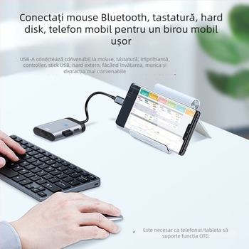 Convertor Type-C către video cu port RJ45 Gigabit Ethernet, 1 intrare / 3 ieșiri, încărcare PD100W rapidă, alimentare externă, transfer USB 2.0 de date