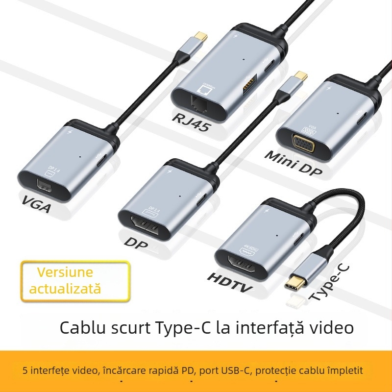 Convertor Type-C către video cu port RJ45 Gigabit Ethernet, 1 intrare / 3 ieșiri, încărcare PD100W rapidă, alimentare externă, transfer USB 2.0 de date