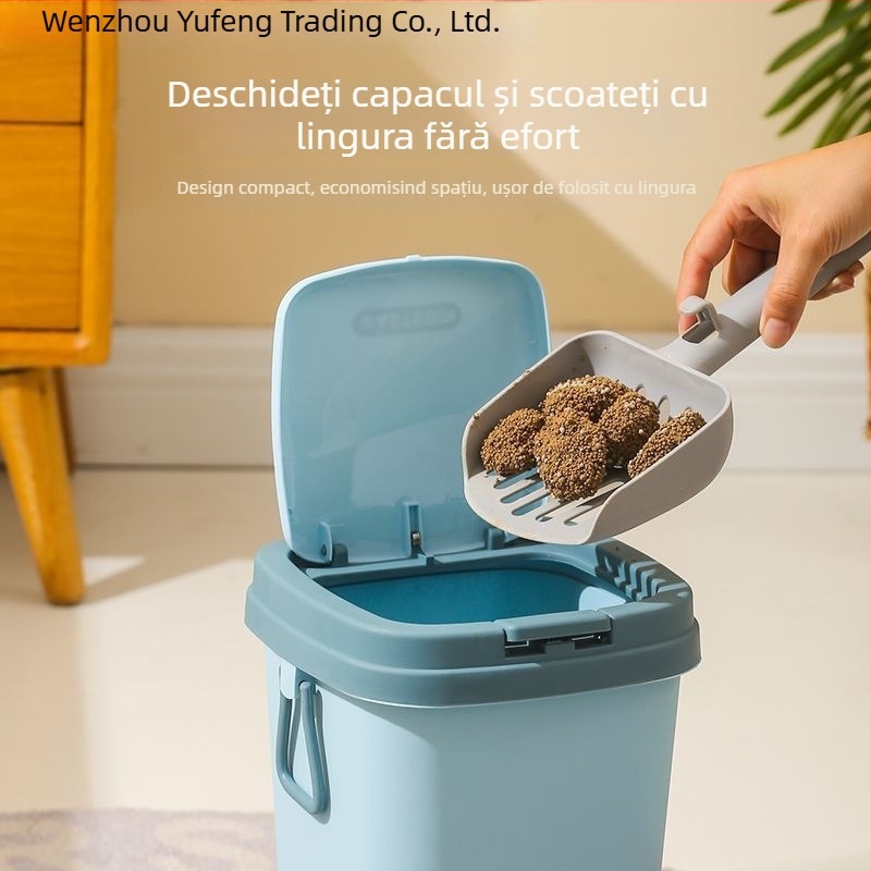 Coș mini pentru gunoiul pisicii cu capac, anti-înclinare, anti-miros, include lopățică pentru gunoi și pungile de fecale — Brand Yufen