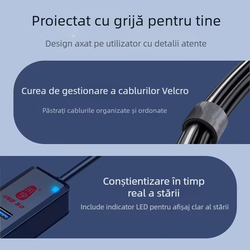 Hub USB pentru laptop, splitter 1 la 4, USB 3.0, transmisie Type-C, model H302 (USB 3.0, 1-4 porturi, fără alimentare externă, cablu 120 cm)