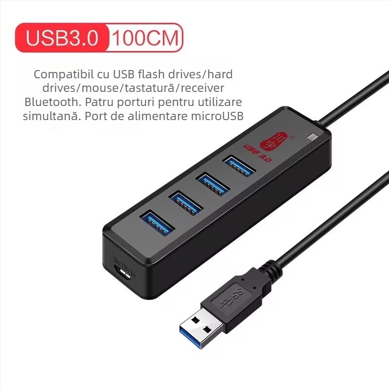 Hub USB pentru laptop, splitter 1 la 4, USB 3.0, transmisie Type-C, model H302 (USB 3.0, 1-4 porturi, fără alimentare externă, cablu 120 cm)