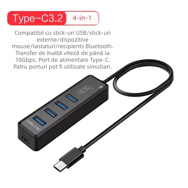 Hub USB pentru laptop, splitter 1 la 4, USB 3.0, transmisie Type-C, model H302 (USB 3.0, 1-4 porturi, fără alimentare externă, cablu 120 cm)