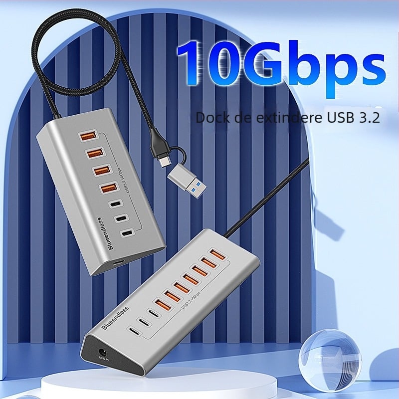 Lanshuo USB 3.2 Type-C hub cu 10 porturi, alimentare externă, 5 Gbps