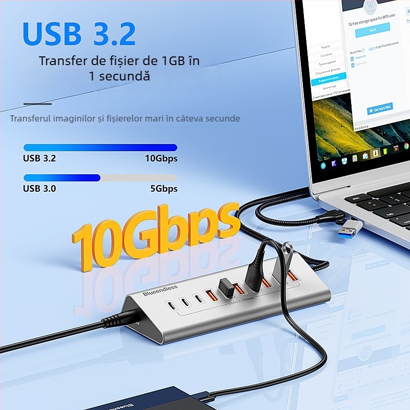 Lanshuo USB 3.2 Type-C hub cu 10 porturi, alimentare externă, 5 Gbps