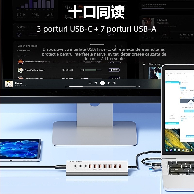 Lanshuo USB 3.2 Type-C hub cu 10 porturi, alimentare externă, 5 Gbps