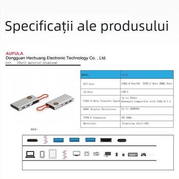 Stație docking Type-C cu HDMI și hub USB 3.0, 5 în 1, 5Gbps, cablu 0.15 m, alimentare prin USB, model HC--D--019