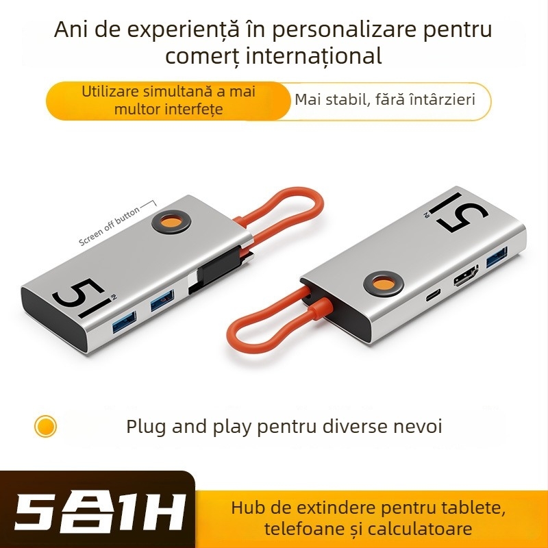 Stație docking Type-C cu HDMI și hub USB 3.0, 5 în 1, 5Gbps, cablu 0.15 m, alimentare prin USB, model HC--D--019