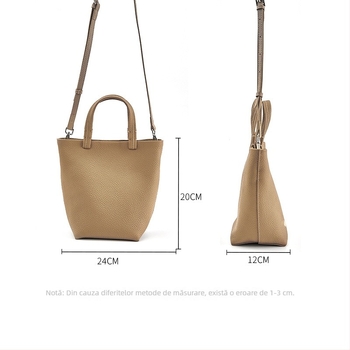 Geantă bucket din piele naturală cu închidere magnetică, textură moale, buzunare interne pentru telefon și card de identificare, design urban minimalist