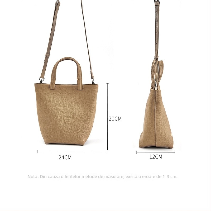 Geantă bucket din piele naturală cu închidere magnetică, textură moale, buzunare interne pentru telefon și card de identificare, design urban minimalist