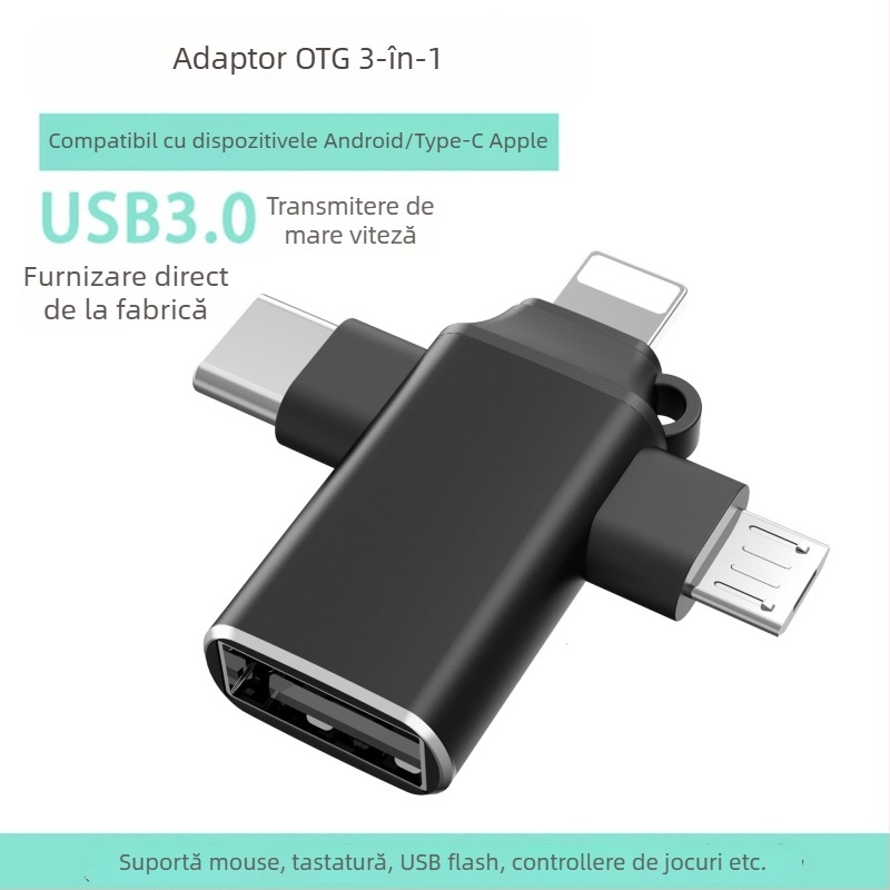 Hub USB-C OTG 3 în 1 pentru tablete — interfață USB 3.0, suportă USB flash și mouse, fără alimentare externă