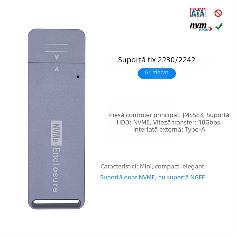 Carcasă externă NVMe NGFF la USB Type-A, aliaj CNC din aluminiu, USB 3.1, 10 Gbps, model MCA1231