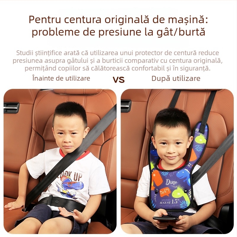 Regulator pentru centura de siguranță auto pentru copii, protecție pentru burtă și umăr, design desen animat, închidere cu nasture, portabil