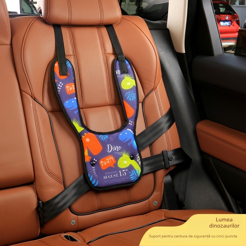 Regulator pentru centura de siguranță auto pentru copii, protecție pentru burtă și umăr, design desen animat, închidere cu nasture, portabil