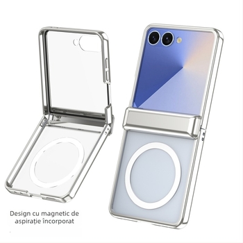 Husa Samsung Galaxy Z Flip7 cu încărcare wireless magnetică, transparentă, cu balama pe axa centrală și finisaj electroplatat, protecție anti-cadere